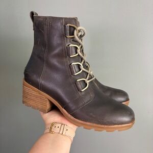 Sorel Cate Lace Boots Women 9 Brown Leather Waterproof Block Gorpcore Urban Hike